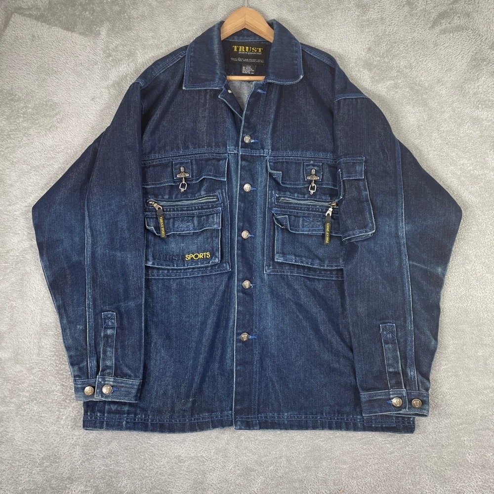 Trust Sports‎ Denim Utility Jacket Mens Large Blue Multi Pocket Cargo Y2K